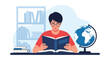 © Creative Craftr - Diligent young student wearing glasses and reading a book at a desk with a globe and bookshelves in the background for educational concept.