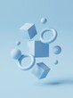 © Vector B - abstract geometric shapes composition of blue cubes spheres and torus rings floating in light blue background studio minimalist surreal 3d render.