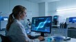 © JohnLee - Caucasian female scientist working with genomic analysis software in modern research facility.