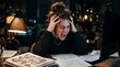 © EldaHumairah - Overwhelmed young woman screams in frustration, pulling her hair at a messy desk late at night, severe stress, burnout, and pressure from demanding work or studies