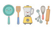 © Mbak - Cartoon kitchen tools with smiling faces are arranged on a table indoors