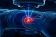 © Jørgsson Photography - Ultra realistic radiotherapy concept with focused radiation beams targeting an internal tumor, advanced cancer treatment visualization in a modern clinical environment with copy space.