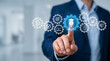 © AucArtStudio - Digital learning ai e learning training concept hand touch icon gear. AI digital education technology innovation. online cyberspace e-learning, student cognition learning study training
