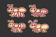 © DzgnVibe - Ants cartoon set featuring cute hand drawn insect characters in a simple doodle style isolated on a dark gray background for children educational design projects