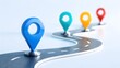 © Elite Studio - Colorful location pin icons standing on a winding asphalt road. Concept of supply chain logistics, business expansion strategy, and delivery route planning.