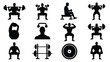 © Shovon - Twelve minimalist silhouettes demonstrating diverse strength training exercises and equipment icons for fitness content
