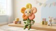 © Soklin - A colorful, plush toy flower with a smiling face, sitting on a shelf in a child's room with toys and blocks in the background.