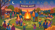 © Vuny - People celebrating bonfire night with fireworks and large fire in park illustration.