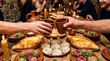© tangmo.pa - Toasting clay cups of red wine at a traditional Georgian supra feast table