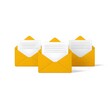 © azadar - vector illustration of envelope, 3D Yellow Open Envelopes with Blank Paper Letters on White Background