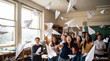 © Anastasiya - Students laugh in classroom as paper airplanes fly overhead during creative activity suggesting playful education teamwork youth energy school break learning joy active classroom student fun