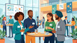 © Yudho - Flat faceless vector illustration of diverse professionals networking at a business conference in a modern lobby with data charts, coffee, and name tags during a corporate meetup event.