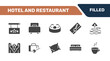 © Abstract - hotel and restaurant icon set with hotel, single bed, dim sum, coffee signs in filled style. solid icons for ui, web and printing