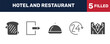 © Abstract - hotel and restaurant icon set with sandwich, check out, 24 service, suits signs in filled style. solid icons for ui, web and printing