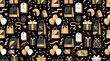© Moslima Parvin - Black and gold shopping bags gifts and confetti seamless pattern for retail sale and black friday background.