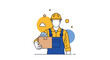 © Shakib - Construction worker or delivery man wearing yellow safety helmet and overalls holding a cardboard parcel box.