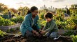 © Diahpuji - Mother and son planting a tree in an urban community garden