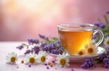 Glass cup filled with herbal tea sits among fresh lavender and daisies. Gentle pink background with soft light creates peaceful mood. Perfect for relaxation and wellness content.