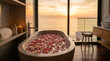 © A L P A C A - Luxury marble bathtub filled with flower petals against a panoramic ocean sunset window, quiet luxury and wellness retreat aesthetic, copy space for premium hospitality and spa branding.
