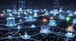 © Momo - Digital network data nodes connecting in a glowing futuristic landscape with shallow depth of field for technology marketing
