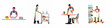 © Sugik - Vector illustrations set of diverse restaurant staff characters performing various duties like serving food, cleaning tables, pushing carts, and managing kitchen inventory.
