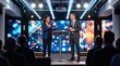 © Pris - Diverse speakers engage audience on stage with modern digital background and spotlights