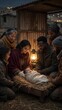 © Olga - Realistic Nativity Scene with Holy Family and Visitors in Candlelit Stable
