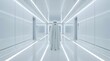 © Anjuma - A ghost wearing a white sheet standing in the center of a long, futuristic, sterile white corridor with bright led lighting