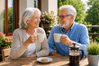 © Svetlana - Couple enjoying coffee and cookies at home during morning hours with flowers around