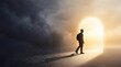 © Nadezhda - A man's silhouette with a backpack walks towards a glowing arch in a dramatic scene, transitioning from darkness to light and new opportunities, symbolizing hope and future.