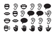© Akibuzzaman - Collection of black vector icons for sensory communication including lips ears and speech bubbles.