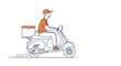 © Md - Hardworking courier riding a blue motor scooter with a delivery box on the back carrying an order through the busy city streets.