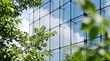© Wankatsu - Modern office glass building facade reflecting blue sky and white clouds framed by fresh green tree leaves for sustainable corporate architecture concept