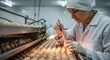 © Udang Harimau  - Skilled poultry technician performs egg candling inspection under bright light in a modern processing facility, ensuring quality and freshness for consumers.