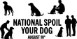 © makeeasy - National Spoil Your Dog Day layout on August 10th featuring solid black silhouettes of people interacting with dogs and pet elements isolated on a white background.