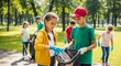 © Angavlan - Children participating in community clean-up with friends collecting trash in park. Young volunteers helping to clean up park environment, showcasing teamwork and responsibility among children.