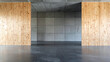 © Febry - Symmetrical empty studio space with raw concrete wall and wooden side panels