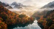 © Munehiro - 朝霧に包まれた紅葉の山と湖