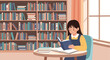 © Tanjila - Diligent young schoolgirl sitting at a table and reading a book in a cozy school library full of colorful bookshelves.