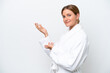 © luismolinero - Young pretty blonde woman in bathrobe isolated on white background extending hands to the side for inviting to come