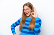© luismolinero - Young caucasian woman isolated on white background showing ok sign with fingers