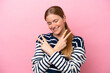 © luismolinero - Young caucasian woman isolated on pink background smiling and showing victory sign
