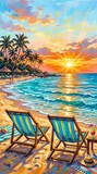 Tropical beach sunset with lounge chairs and palm trees painting