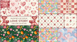 © THIBNH - Elegant collection of modern abstract Valentines Day seamless patterns featuring cute romantic love heart shapes, festive background print set, aesthetic wedding design texture bundle graphics