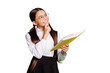 © deagreez - Photo portrait of clever girl wearing glasses holding yellow book in one hand touching chin with finger isolated on vivid green colored background