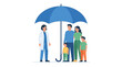 © Rafi Akbar - Doctor and happy family standing under a large blue umbrella for medical insurance concept flat vector illustration.