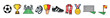 © Khmel - Soccer equipment and accessories vector illustration set featuring various elements like ball, trophy, stadium, whistle, cards, cleat, scarf, medal, goal, and corner flag.