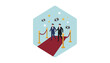 © Uzzi - Two men in formal tuxedo suits walking on a red carpet with cameras and stars illustrating a glamorous celebrity movie premiere event.