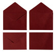 © Renhue - Set of dark red or burgundy paper envelopes in various views, open and closed, front and back sides, isolated on a white background.