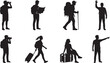 © MstNajma - Set of diverse traveler and tourist silhouettes engaged in various activities isolated on white